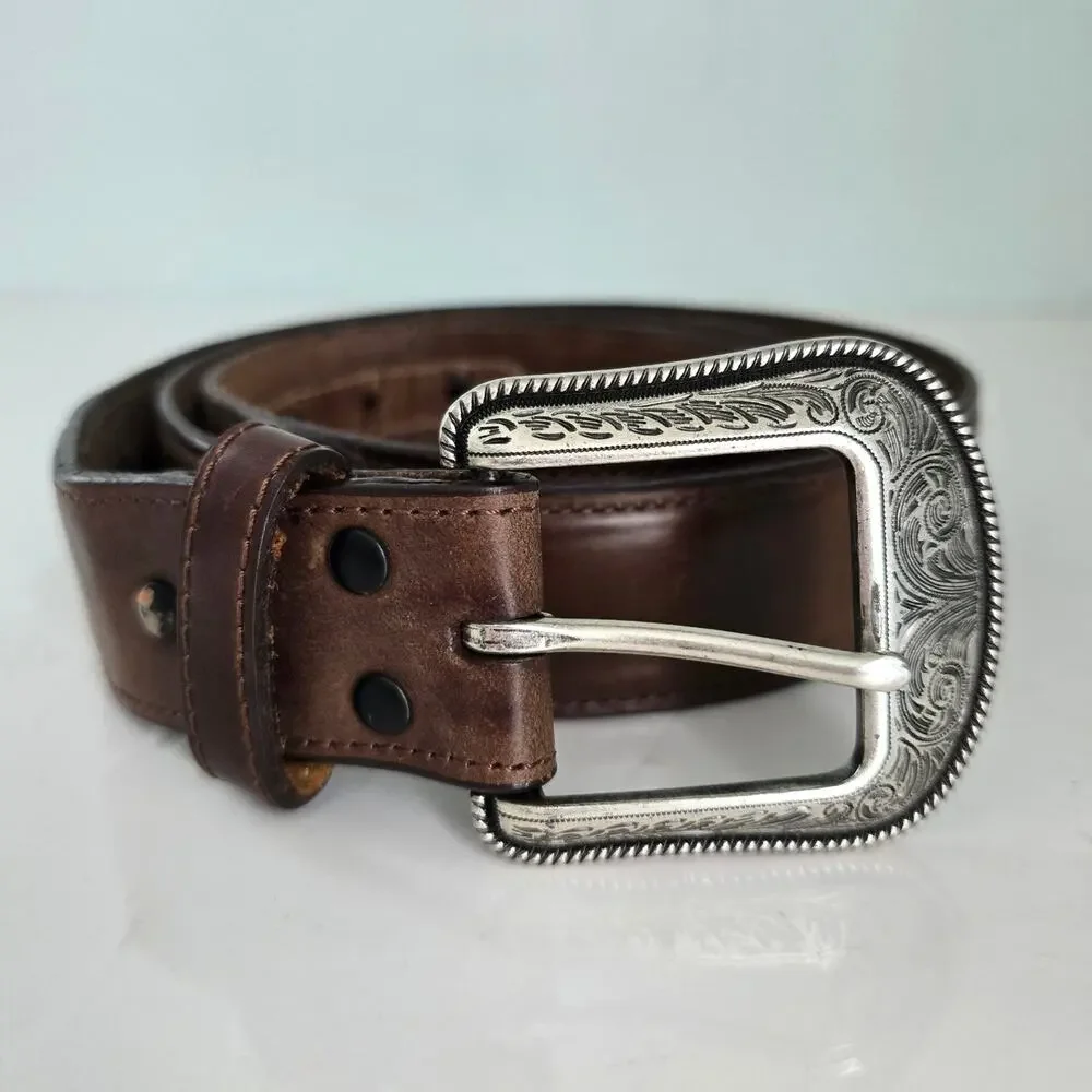 3D Belt Men's 42 Brown Genuine Leather Silver Tone Tooled Buckle Western Cowboy